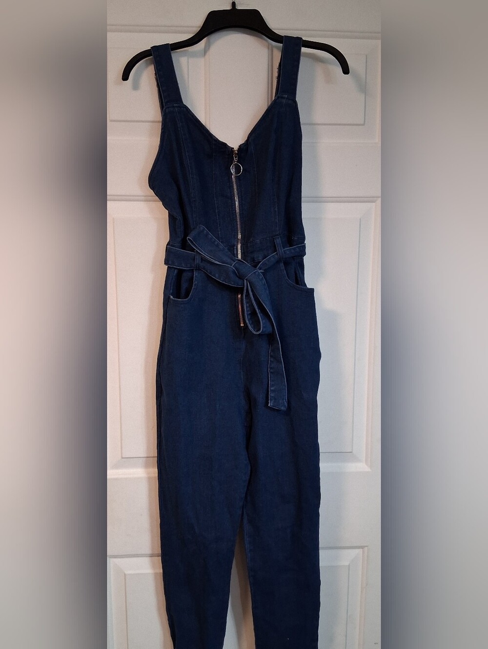 Iris Blue Jean Denim Sleeveless Jumpsuit with Belt Zipper Stylish Juniors Large